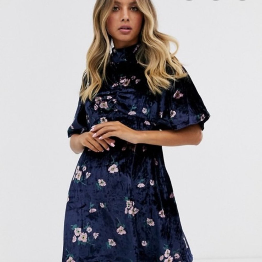 Free People BeMyBaby Navy Velvet Floral Mini Dress